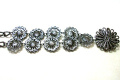 Gray Faux Pearl Clear Pink Rhinestone Pendant Necklace 19″ Black Filigree Metal