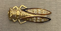 Vintage French Plastic Rhinestone Lucky Cicada Brooch Gold Painted Insect 1.5″