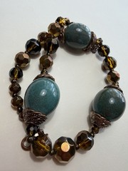 Vintage Necklace Large Blue Green Ceramic Beads, Crystal, Copper Findings 27”