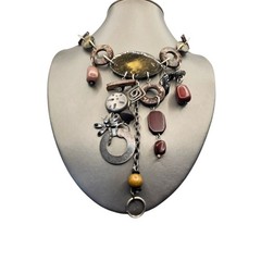 Silver Dragonfly Necklace Runway Boho Chunky Wood Metal Bib Beaded Stone Vintage
