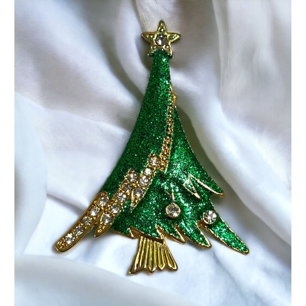 Vintage Christmas Tree Brooch Gold Tone Rhinestone Green Glitter Sparkle