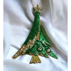 Vintage Christmas Tree Brooch Gold Tone Rhinestone Green Glitter Sparkle