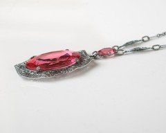Antique ART DECO Silver Tone PINK Glass Rhodium Plated Filigree Necklace