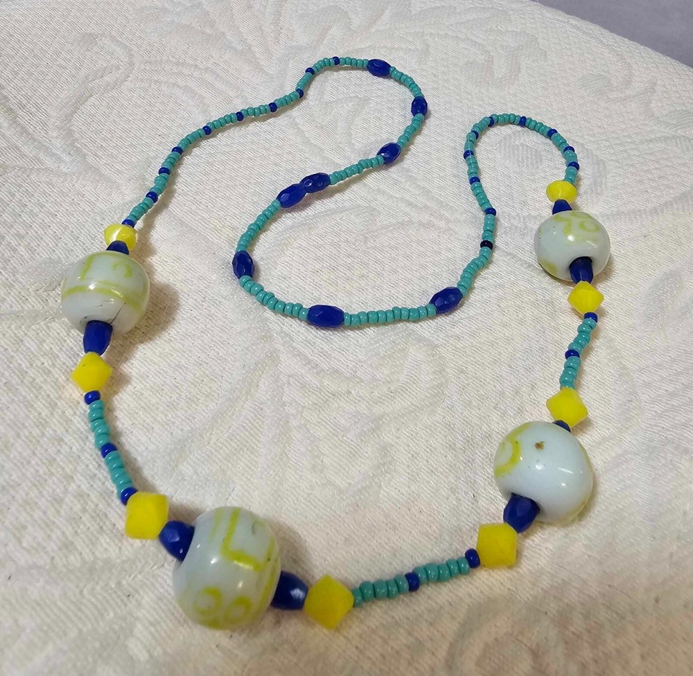Vtg White Yellow Blue turquoise color glass beads Necklace 24in”- READ