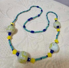Vtg White Yellow Blue turquoise color glass beads Necklace 24in”- READ
