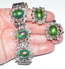 Vintage high end iridescent watermelon cabochon silver tone bracelet/earrings