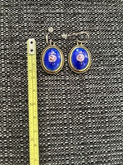 Vintage Enamel Guilloche Blue Pink Rose Earrings Pierced