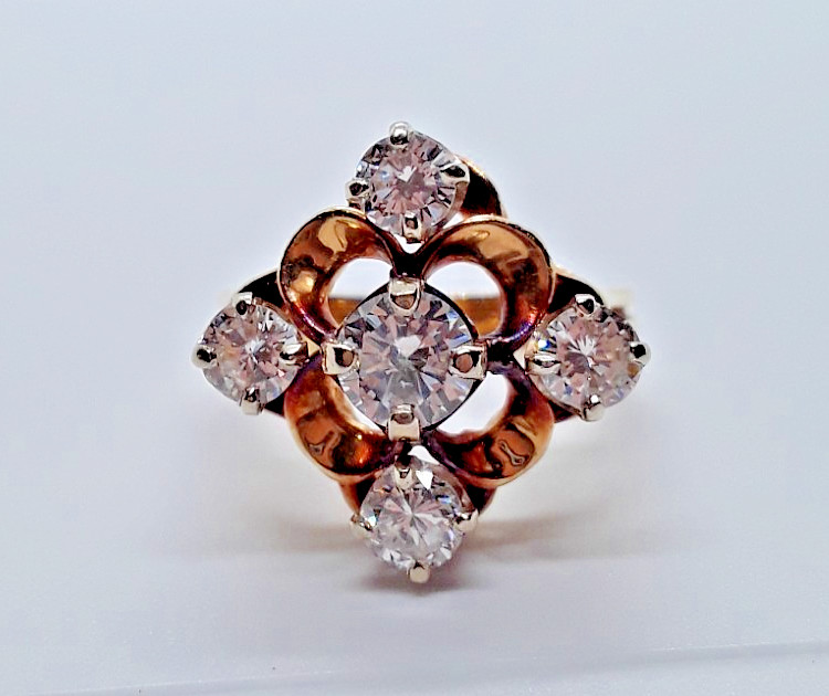 Antique 14K Gold & Five Diamond Ring – High Pierced Mount, 1.45 Carats, Sz. 7