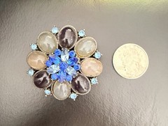 2” Eye catching Flower Style Blue & Gray Cabochon & Rhinestones Brooch/Pendant