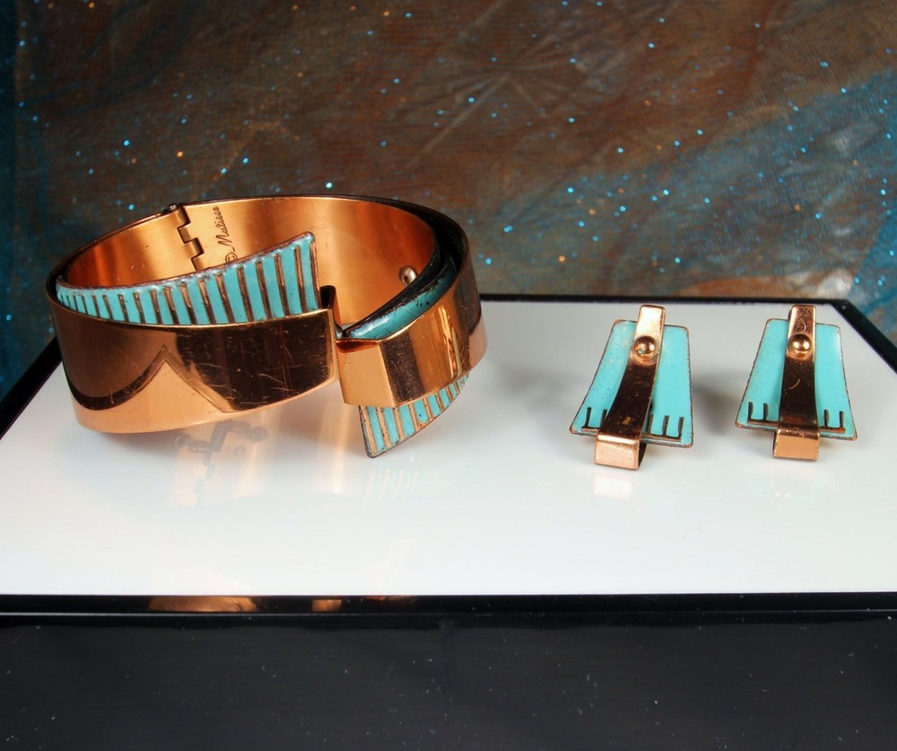 MATISSE SCULTURA Blue Enamel Signed Set 1950s Wearable Art Abstract Modern 96.6g