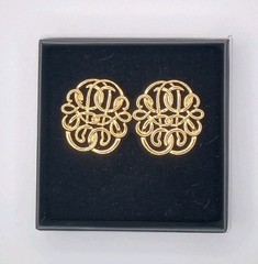 Gold Tone Monogram Jewelry Set, Brooch / Pendant With Pierced Earrings