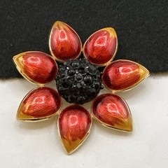 Vintage Swarovski Flower Brooch Red Enamel Black Swarovski Crystals Gold Tone
