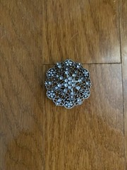 Round Silver Tone Base Metal Brooch With Clear Rhinestones 1 3/4 Inches