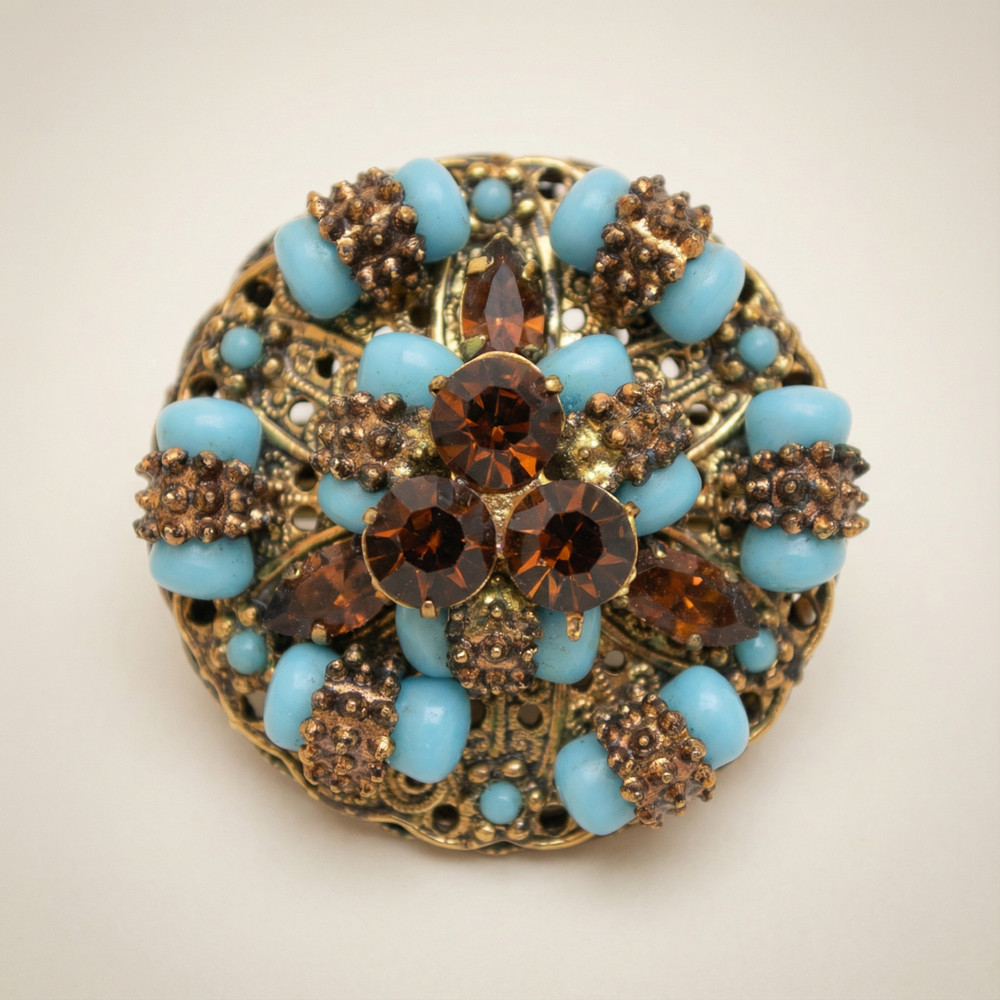 Austria Turquoise Bead Rhinestone Brooch Filigree 34mm Vintage 1950s