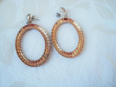 Vintage Pierced Earrings With Wire Wrapped Brass Tone Hoop Dangles KJ