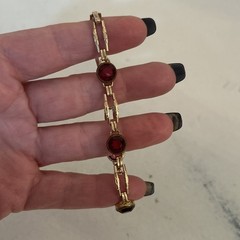 VTG Simmons Art Deco Bracelet Red Faceted Glass 10k Gold Filled Links Signed