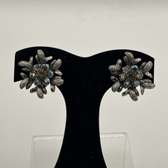 Vintage Selro Selini Aurora Borealis Rhinestone Clip-On Earrings Signed Floral
