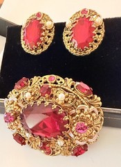 West Germany Gold Filigree Enamel Ruby Red & Pink Rhinestone Brooch & Earrings
