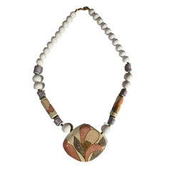 Floral Pendant Necklace Marked Japan Plastic & Stone Beads 19 In. End to End