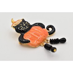 Vintage Black Cat Costume Pumpkin Pin Brooch Halloween Orange Enamel 1980s BinAL
