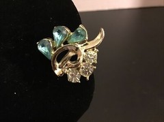 Screw Back Earrings Teal & Crystal Rhinestone Prong Rhodium Plated Vintage