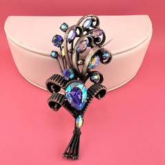 Vintage Rhinestone Brooch Aqua Blue Aurora Borealis Floral Bouquet Pot Metal?