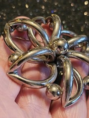 Vintage Modernist Silver Toned Flower Brooch, Heavy