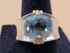 Vintage Sterling Silver 925 Large Cushion-Cut Aquamarine & Gold Accents Size 8.5