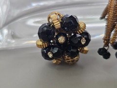 VTG Black Faceted Bead Gold Filigree Tassel Pendant Necklace Clip Earring Set