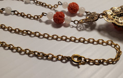 VTG ART DECO Coral Molded Glass Floral Necklace 1930s Glass & Brass 18″ Necklace