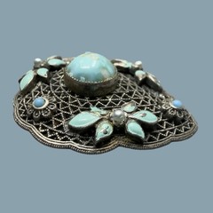 Antique Czech Glass Filigree Enamel Turquoise Blue Fur Dress Clip Brooch NEIGER?