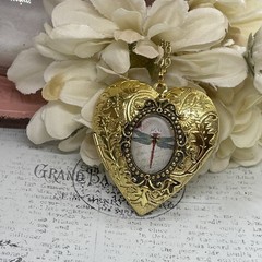 Gold Heart Locket Glass Birthday Anniversary Wedding Dragonfly Cameo Necklace