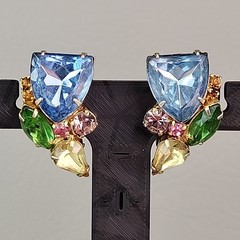 Vintage Rhinestone Clip On Earrings Blue Shield Multicolor Climber Gold Tone
