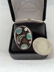 Vintage Old Pawn Southwest Turquoise Stones Feather Heavy Sterling Ring Size 10