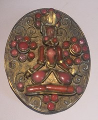 Vintage Nepal/Tibetan Brass Metal Coral Stones Buddha Pin Brooch