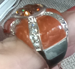 Ring 18kt gold plate, bezel set amber glass and cz ring, size 6