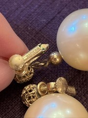 Vintage Napier Huge Pearl Cabochon Filigree Gold Dangle Drop Clip On Earrings