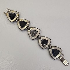 Vintage Bracelet Black Onyx Stone Linked Faceted Chunky Panel Silver Tone 7″