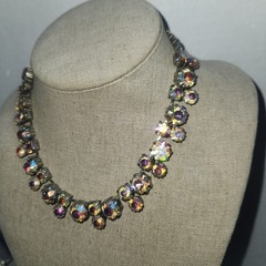 Vintage Aurora Borealis Rhinestone Choker Necklace Silver Tone J-Hook 15.5 Inch