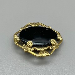 Vintage Brooch Womens Black Gold Tone Oval Faux Onyx Victorian Style 1.75 In