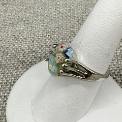 Vintage Millefiori Ring Oval Glass Multi Color Flowers Silver Tone Size 8.25