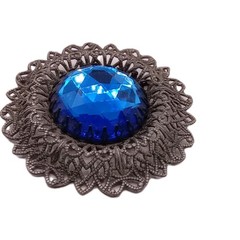 Vintage Filigree Brooch Large Blue Glass Stone Antique Silvef Tone 2 1/2 in D