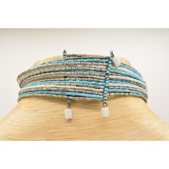 Vintage Beaded Choker Necklace Chunky Silver White Sky Blue Chunky 1990s Bin4A