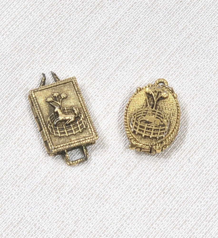 Vtg Corday Charms Set Of 2 Solid Perfume Unicorn In Captivity Rectangle & Oval