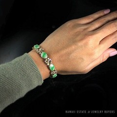 Vintage Burmese Jadeite Jade & Diamond Floral 14k Yellow Gold Bracelet w/ Papers