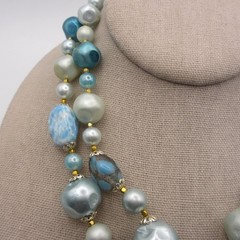 Vintage Beaded Necklace Blue Layered Japan 16 inch