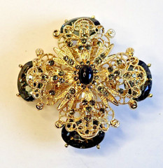 Filigree Gold Tone Smoky Gray Rhinestone Brooch Pin Intricate Detail Layered