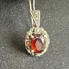 Rare Vintage 925 Sterling Silver Garnet Marcasite Drop Dangle Earrings Oval Red