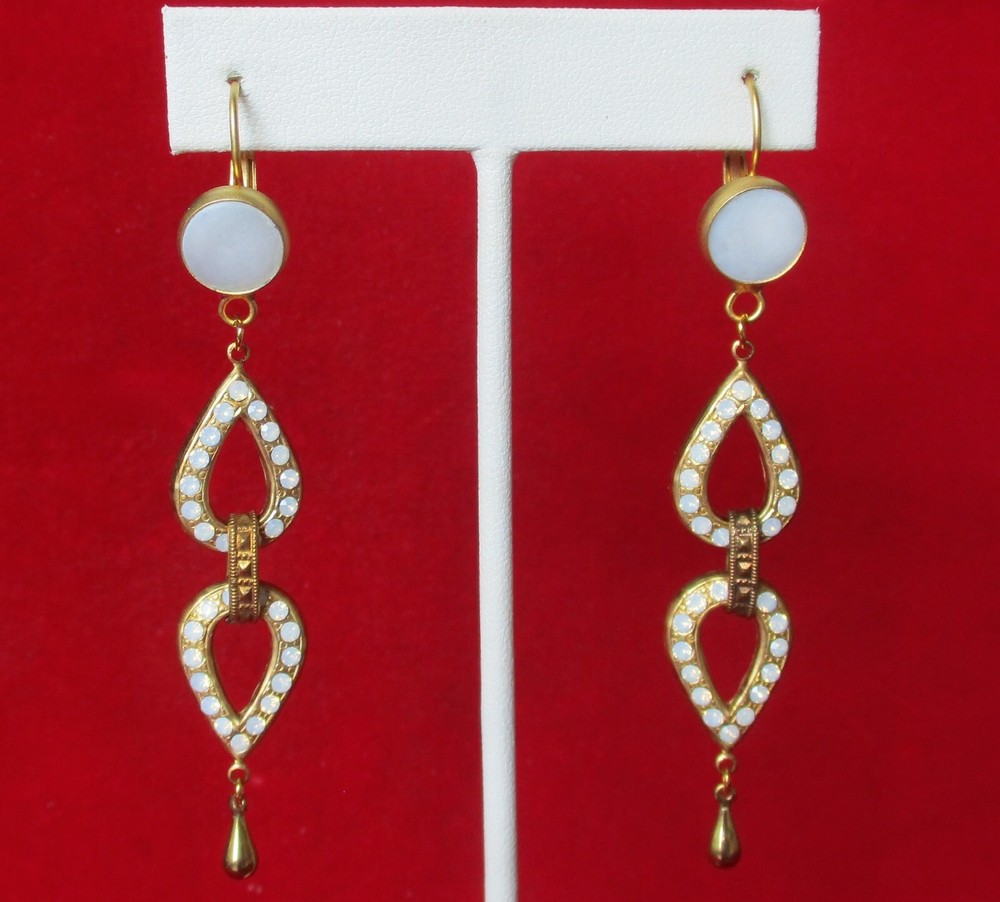 Pair of Vintage Moonstone & Mother-of-Pearl 3 1/4-Inch Brass Earrings/Boho
