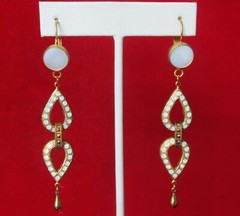 Pair of Vintage Moonstone & Mother-of-Pearl 3 1/4-Inch Brass Earrings/Boho